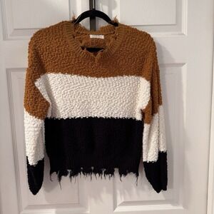 Jolie & Joy Womens Sz S Striped Distressed Sweater  Asym Gold‎ White Brown Boho